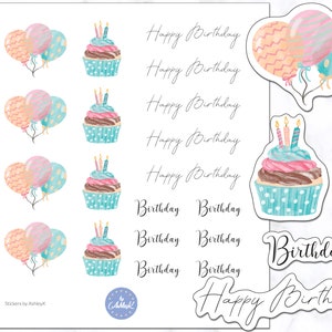 Adesivos de planejador de aniversário | Adesivos de feliz aniversário | Adesivos de planejador de rastreador de aniversário | Adesivos de balão | Adesivos de planejador de bolo de aniversário