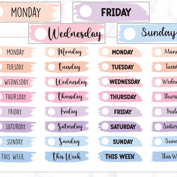 Pegatinas de encabezado de días con pinceladas / Pegatinas de etiquetas de días / Pegatinas de planificador con portada de días / Pegatinas de planificador con portada de fecha de días de la semana