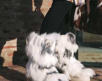 Silver Fox Fur Women Boots, 2" High Sole, Genuine White Fox Fur Snow Furry Ski Boots, Christmas Gift for Her