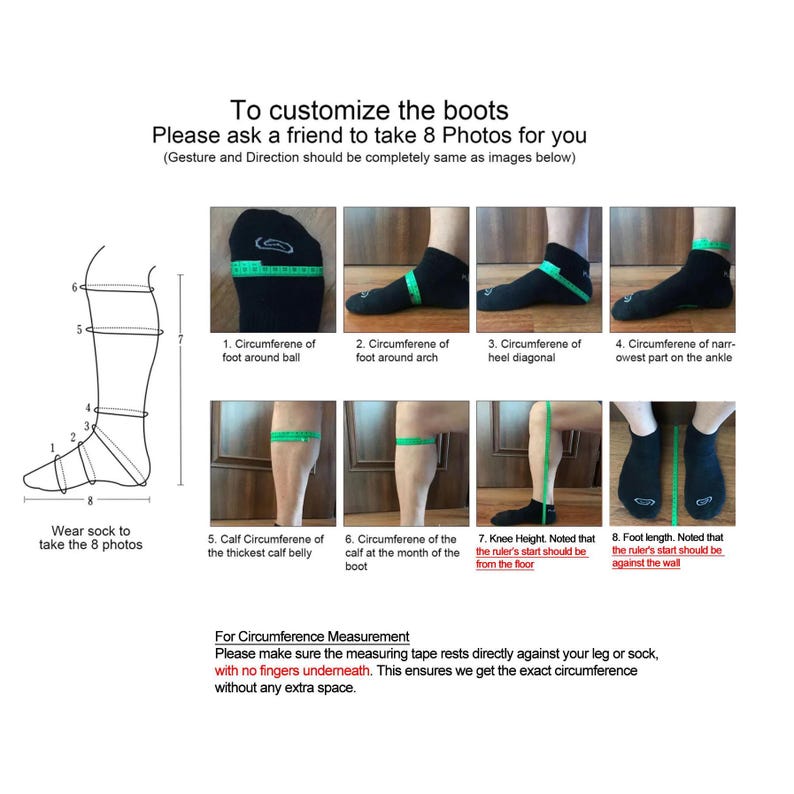 The image is a step-by-step guide on how to customize boots, with accompanying images showing the process of measuring and fitting boots.