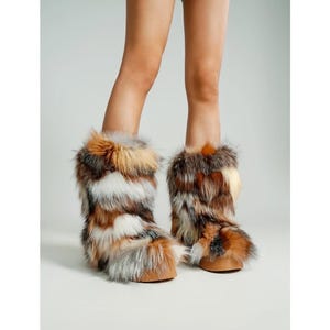 Three-Color Fox Fur Women Boots, 2.0 inches High Sole, Genuine Fox Fur Snow Furry Ski Boots, Christmas Gift for Her