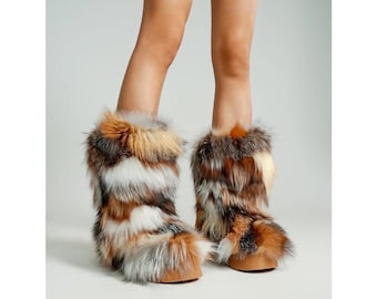Three-Color Fox Fur Women Boots, 2.0 inches High Sole, Genuine Fox Fur Snow Furry Ski Boots, Christmas Gift for Her