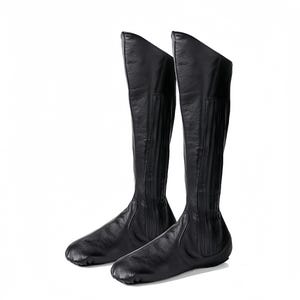 A pair of black leather boots with a pointed toe and a high heel, standing upright on a white background.