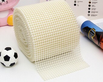 Dia. 3-4mm Half Ball Pearl Beads Netting Fabric,  Fabric Width 11cm, Length as request, 24pcs Beads in Width, C002B