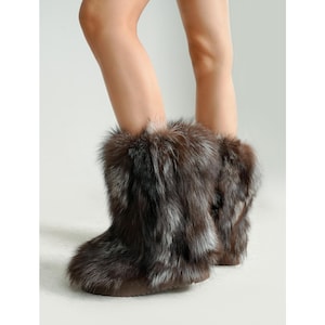 Grey Fox Fur Women Boots, 2.0 inches High Sole, Genuine Fox Fur Snow Furry Ski Boots