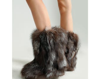 Grey Fox Fur Women Boots, 2.0 inches High Sole, Genuine Fox Fur Snow Furry Ski Boots