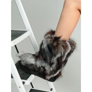 Three Color Fox Fur Women Boots, Coffee/Grey/White, 2.0 inches High Sole, Genuine Fox Fur Snow Furry Ski Boots
