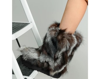 Three Color Fox Fur Women Boots, Coffee/Grey/White, 2.0 inches High Sole, Genuine Fox Fur Snow Furry Ski Boots