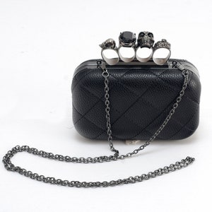 Handamde Skull Knuckle Black Leather Minaudiere Box Clutch Purse Bag, Faux Leather, 6"/8", Women Evening Bag, AD033D