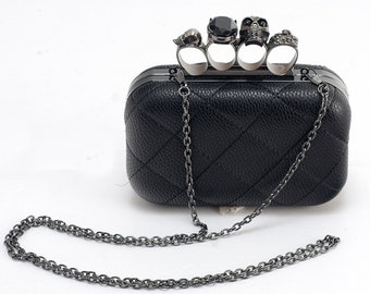 Handamde Skull Knuckle Black Leather Minaudiere Box Clutch Purse Bag, Faux Leather, 6"/8", Women Evening Bag, AD033D