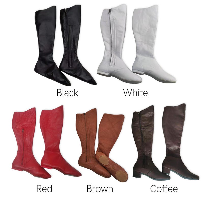 a collection of six pairs of women's boots in various colors, including black, white, red, brown, and coffee.