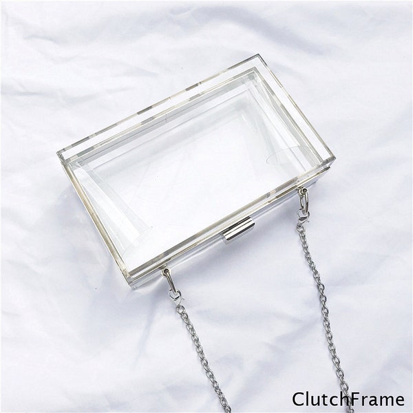 Handamde Silver Frame 18cm x 11cm Clear Transparent Acrylic Minaudiere Box Clutch, Top Outer Hooks, AD051A2