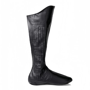 A single black leather boot with a pointed toe and a high heel, standing upright against a white background.