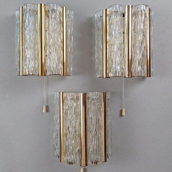 Set of 3 stunning 50's brass sconces with murano glass elements