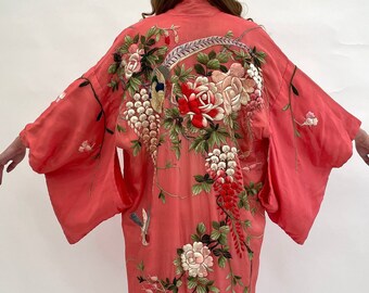 1920s kimono embroidered coral pink silk antique