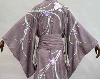 Antique kimono silk embroidered Iris flower design Art Nouveau