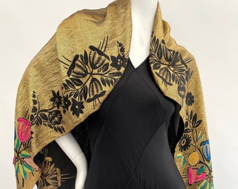 1920s lamé shawl scarf gold with floral design antique