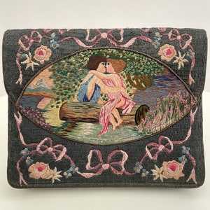 1920s embroidered bag purse with kissing couple antique