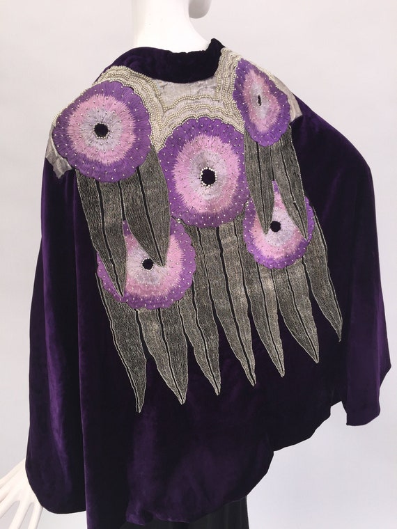 1920s velvet cape with beadwork, silver metal lace