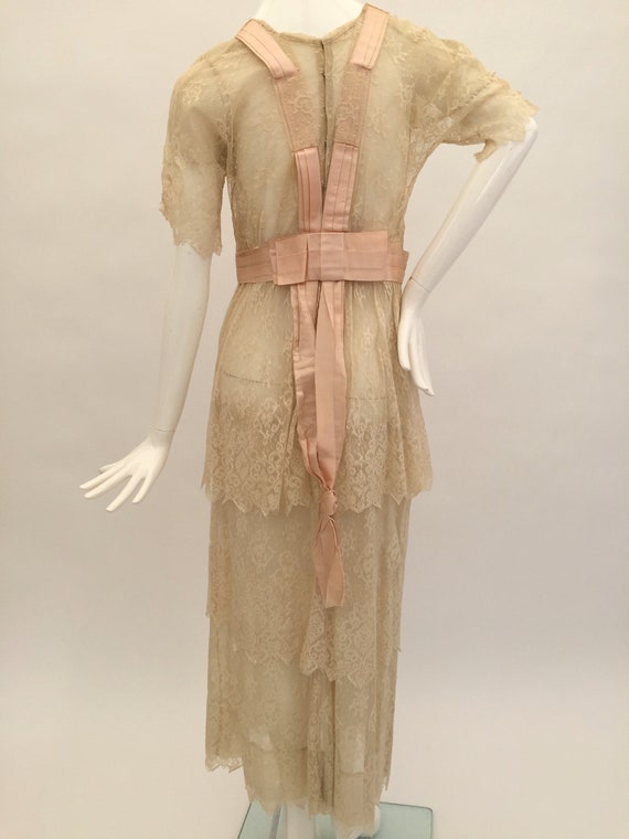 Edwardian lace dress with pink silk ribbon antiqu… - image 8