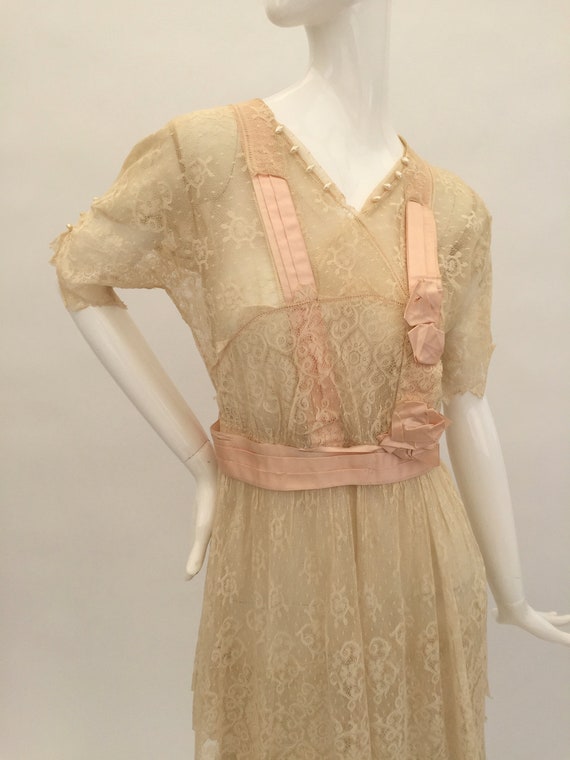 Edwardian lace dress with pink silk ribbon antiqu… - image 2