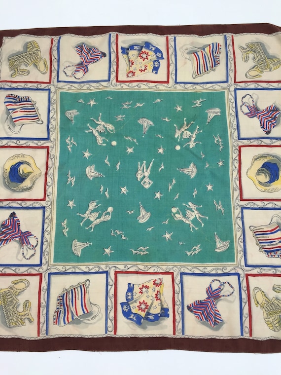 1940s silk scarf beach scenes and fashion vintage