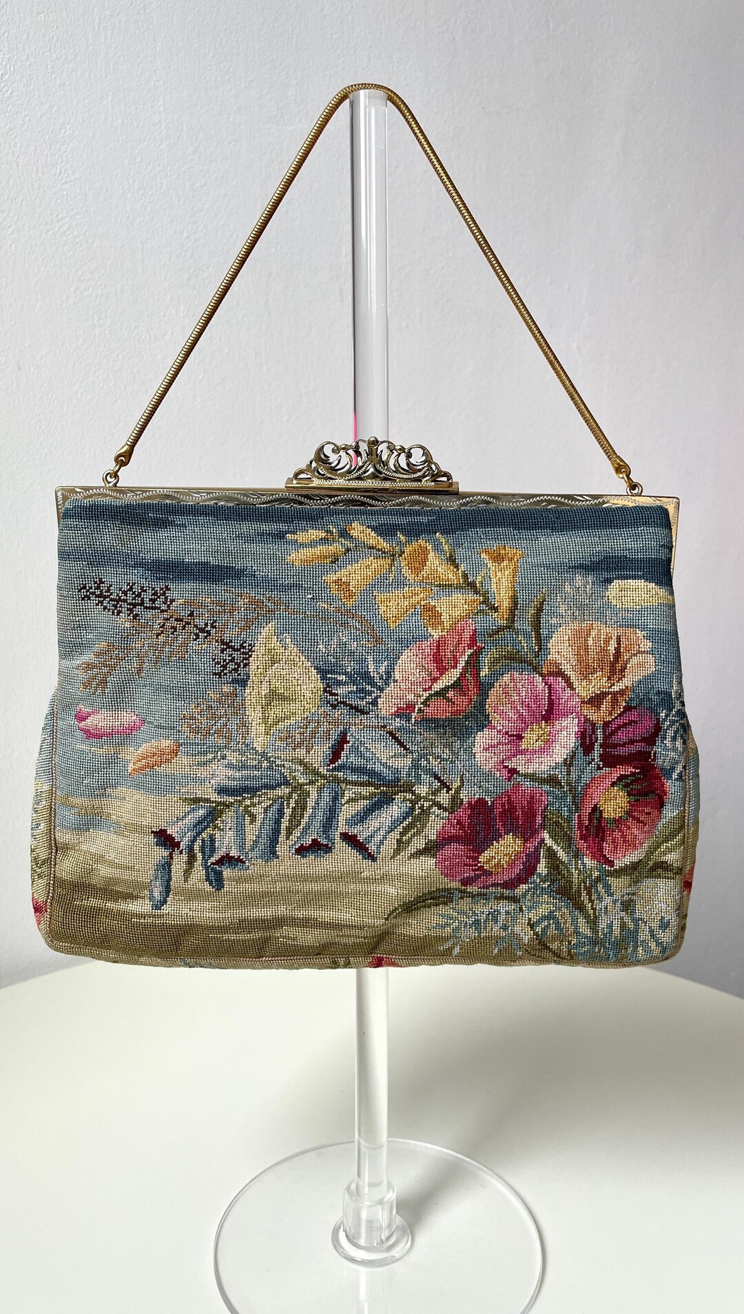 1950年代のバッグ プチポワン 花柄刺繍 ヴィンテージ - Etsy 日本