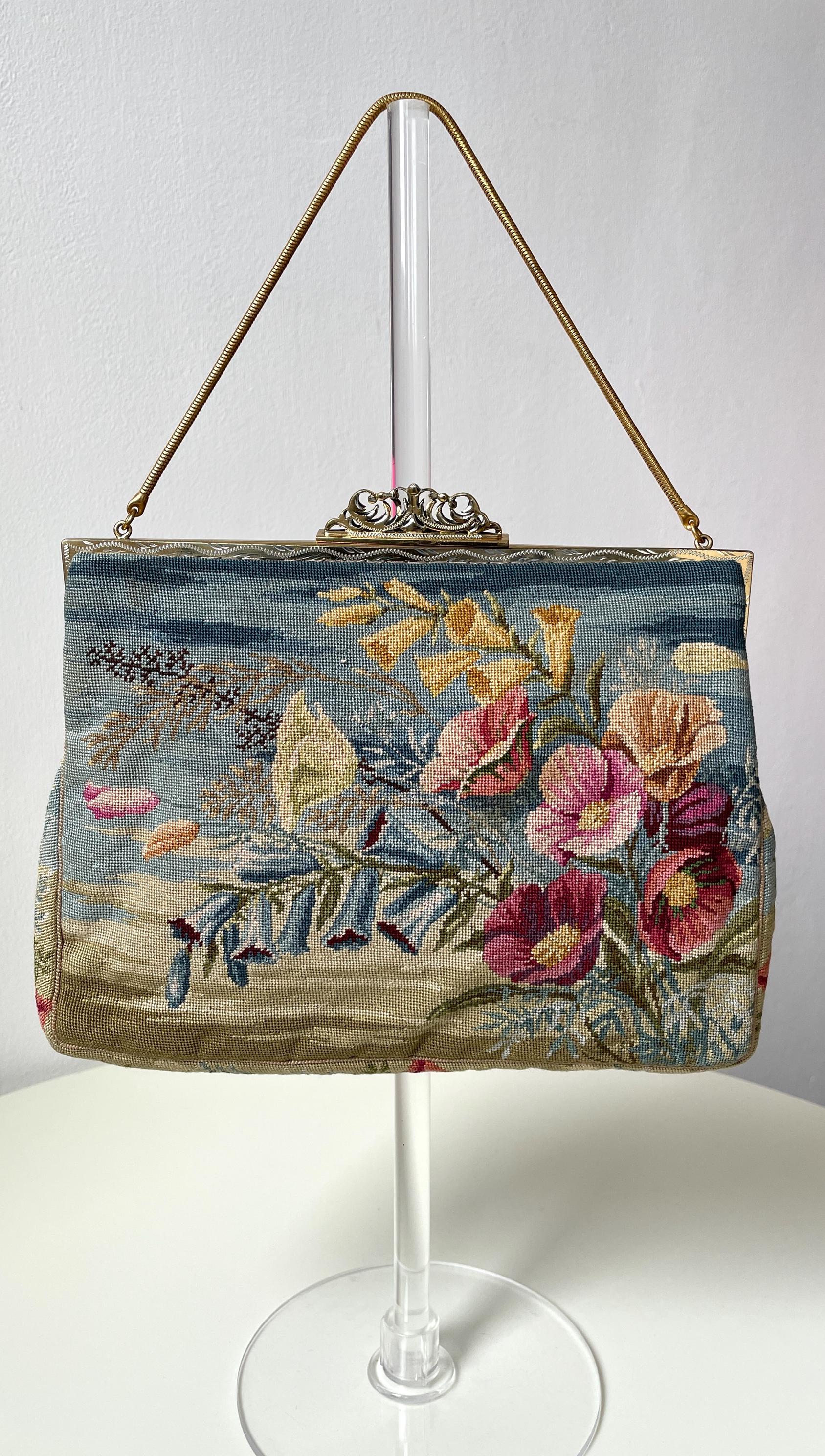 1950年代のバッグ プチポワン 花柄刺繍 ヴィンテージ - Etsy 日本