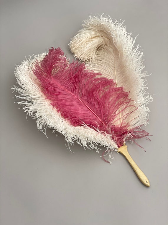 Large 1920s ostrich feather fan pink and cream an… - image 3