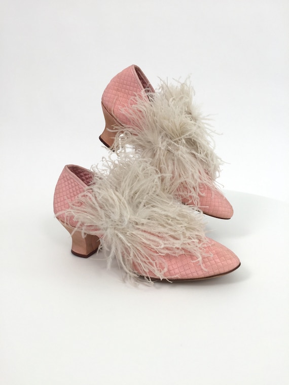 1920s boudoir slippers shoes pink with ostrich fea