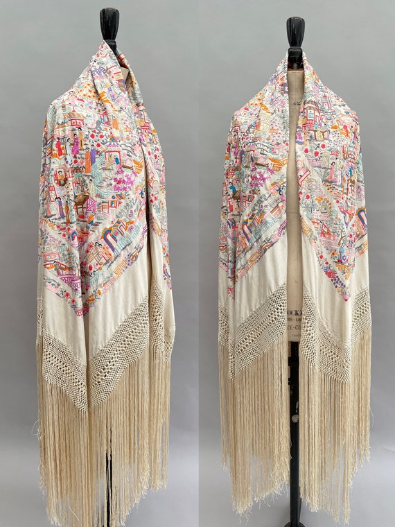 Antique embroidered shawl silk Chinoiserie design - Gem