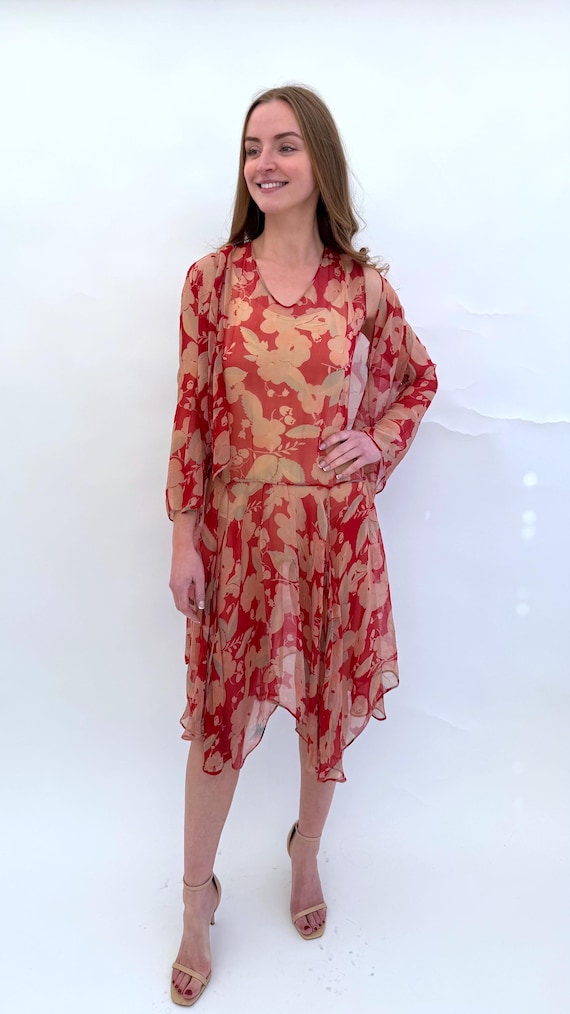 1920s silk chiffon dress Vintage 1920s Silk Chiffon Dressing Gown, Floral Print, Art Deco Robe