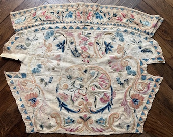 May include: Cream-colored antique textile with intricate floral embroidery in shades of pink, blue, and gold. The embroidery features detailed leaves, flowers, and scrolling patterns. The edges are trimmed with a blue and cream geometric design. The textile is likely part of a garment.