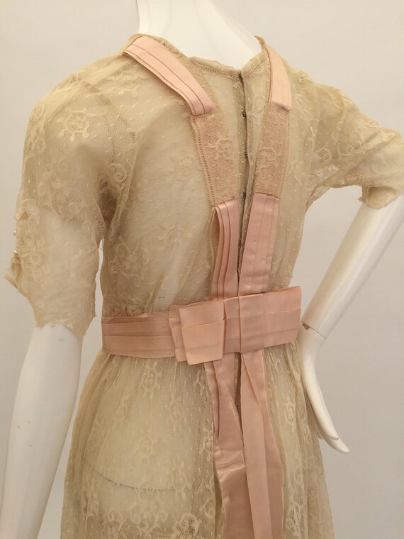 Edwardian lace dress with pink silk ribbon antiqu… - image 9