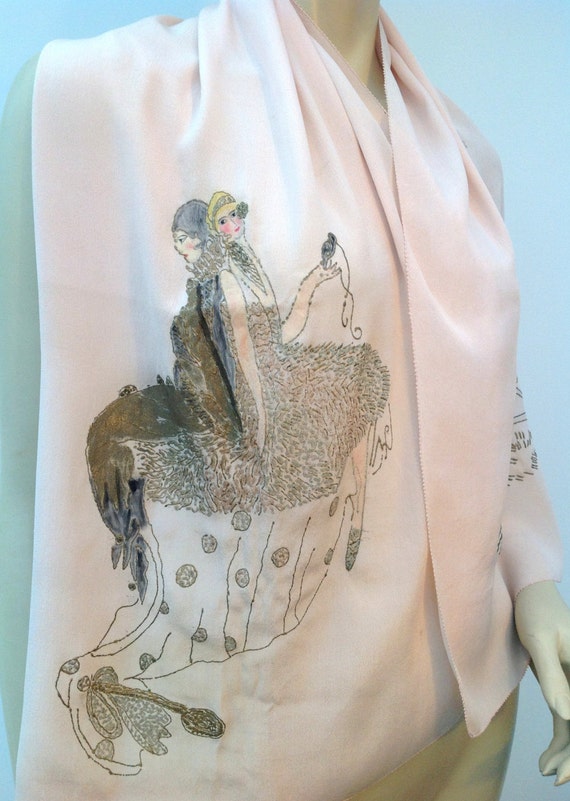 1920s silk scarf shawl handpainted Pierrot Pierett