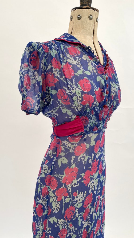 Vintage Navy Floral 1930s Knee Length Chiffon Dress