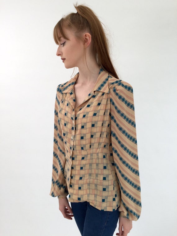 1970s blouse by Jeff Banks vintage Art Deco print