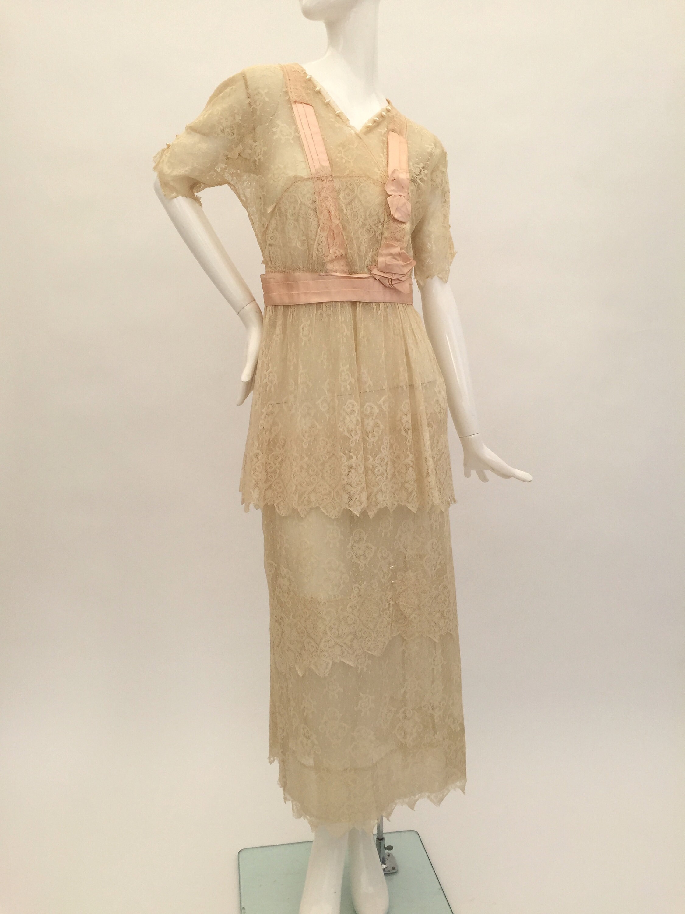 Image of Edwardian Lace Dress With Pink Silk Ribbon Antique Vintage