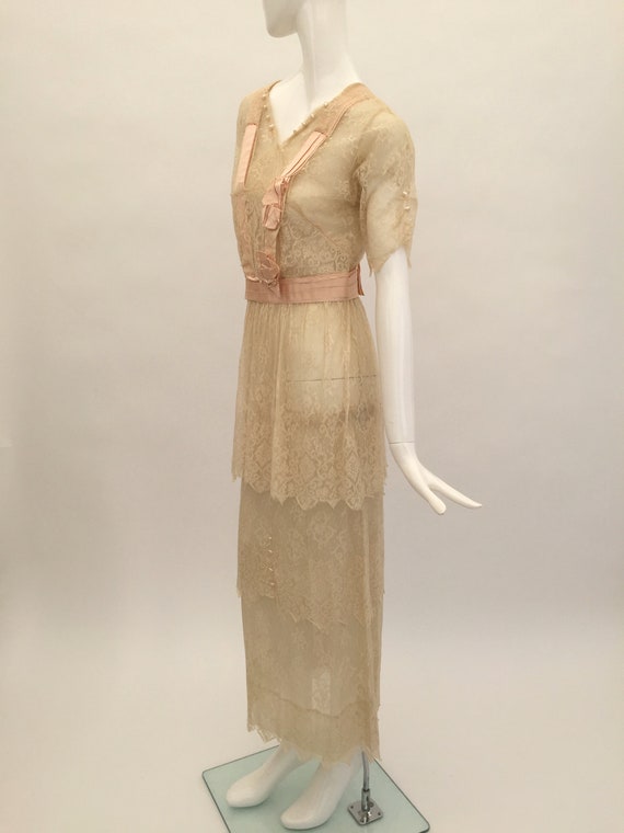 Edwardian lace dress with pink silk ribbon antiqu… - image 10