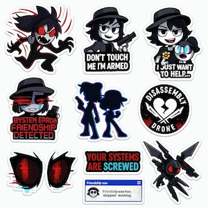 May include: A set of 10 stickers featuring a cartoon character with black hair and a black hat. The stickers have various designs, including a character holding a gun, a character with a broken heart, and a character with a message that says "Don't touch me I'm armed".