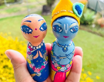 Handmade Radha Krishna Peg Dolls | OOAK Doll Gift Set