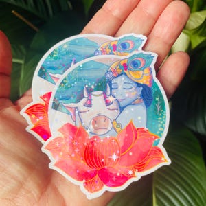 Krishna Govinda Vinyl Sticker | Holographic Laminated & Die Cut Lotus Design | Waterproof Handmade Decor