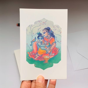 Tarjeta de felicitación de Krishna y Yasoda / Mini impresión / Arte de Krishna / Tarjetas hechas a mano