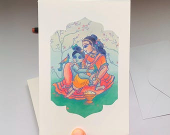 Krishna & Yasoda Greeting Card | Mini Print | Krishna Art | Handmade Cards