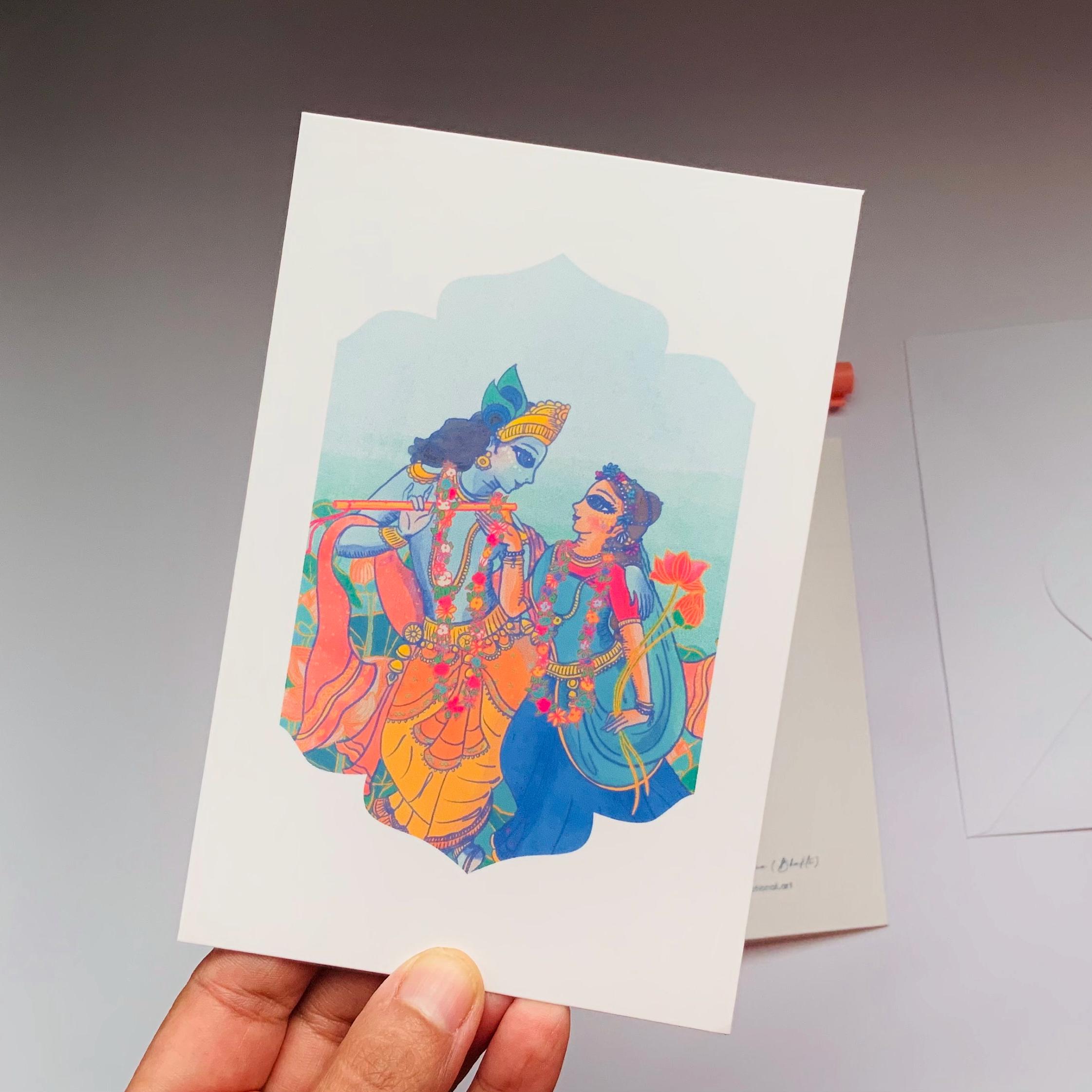 Radha & Krishna Greeting Card | Mini Print | Krishna Art | Handmade Cards