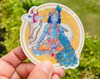 Krishna with Surabhi Cow and Tandavika peacock | Vinyl sticker