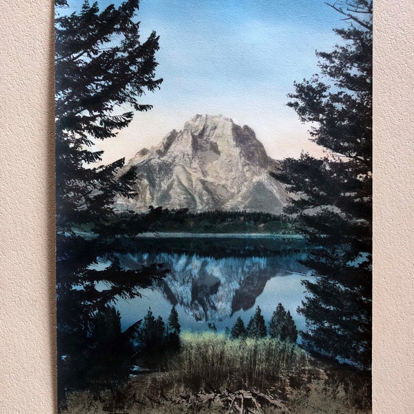 Vintage Mount Moran Hand Painted Grand Teton Photograph