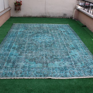 Large Turquoise  Rug, Turkish  Turquoise Large Rug, Area Rug, Vintage rug, Overdyed Rug, Kilim rug, Large Oushak Rug, Rug, 300x212cm 10.x7ft
