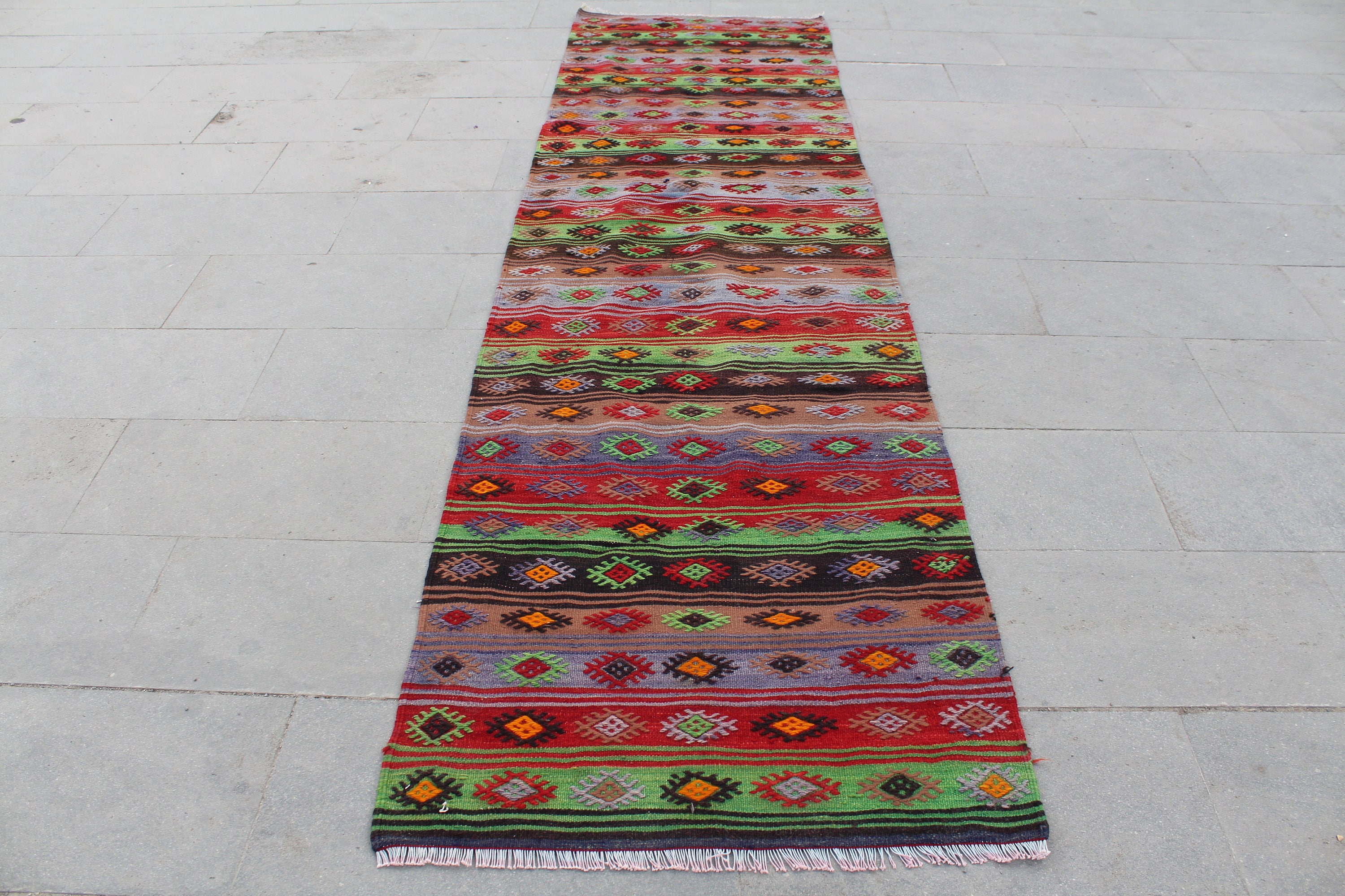 Tapis Runner, Tapis Kilim Turc, Coureur Kilim Vintage, de Couloir, Kilim, Boho, Rayé, 304x, 10.x.2.7