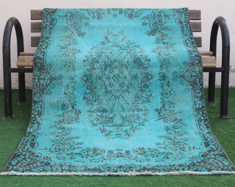Turquoise Rug, Overdyed  Rug, Vintage Rug, Floral Area Rug, Distressed Rug, Homedecor blue rug, Blue Rug, Kilim Rug, Rugs ,208x113cm7.x4.ft